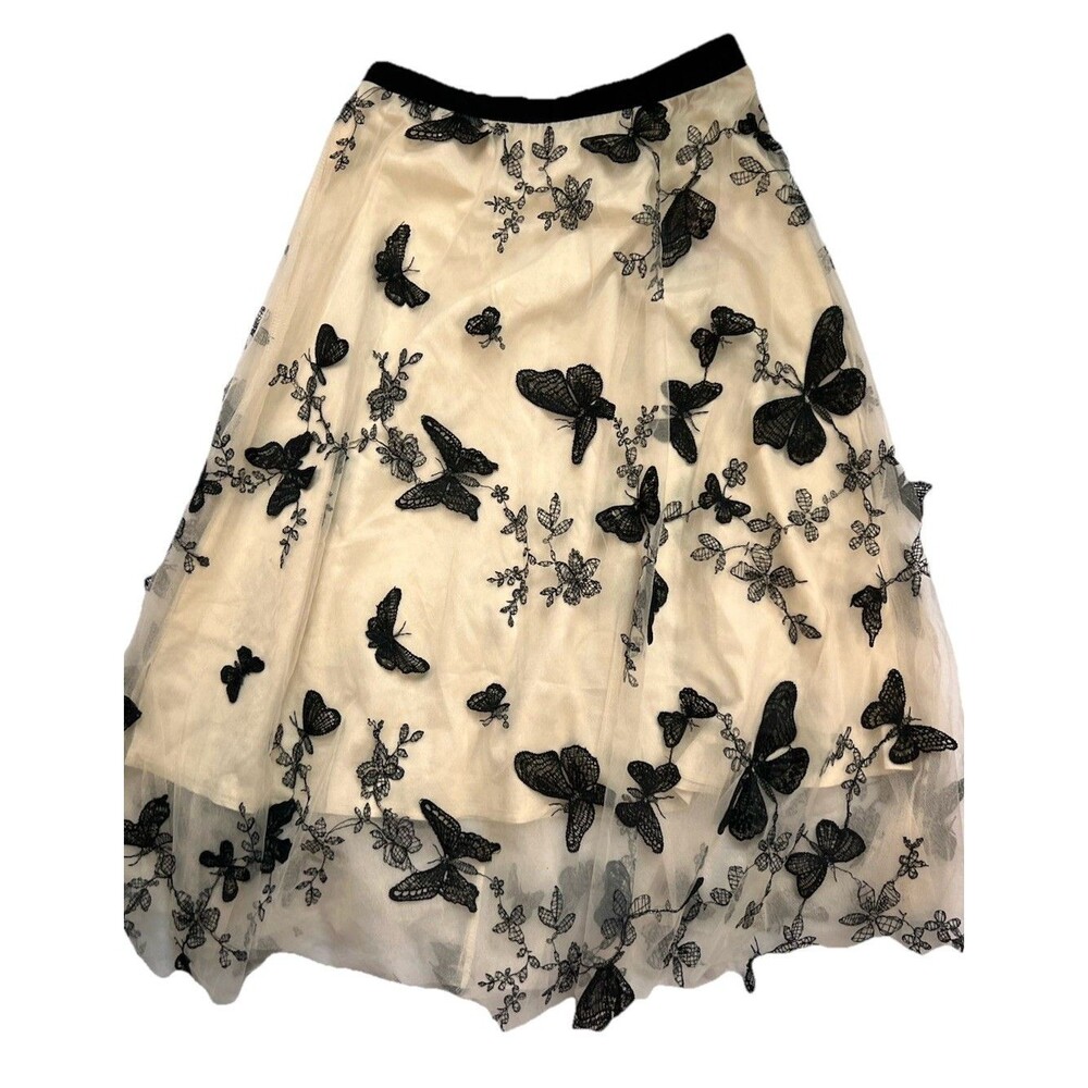 Chicwish Women's 3D Butterfly Double-Layered Midi Skirt Cream NWT Cottagecore